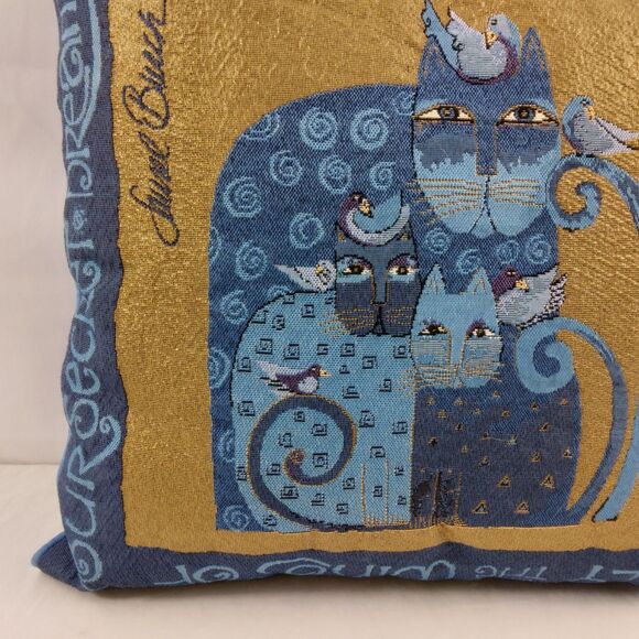 Laurel Burch Blue Indigo Cats Tapestry Throw Pillow Metallic Gold Accents 17" - Picture 2 of 13